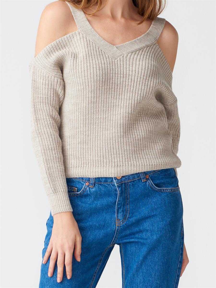 1993 V Yaka Omuzu Açık Kazak Bej