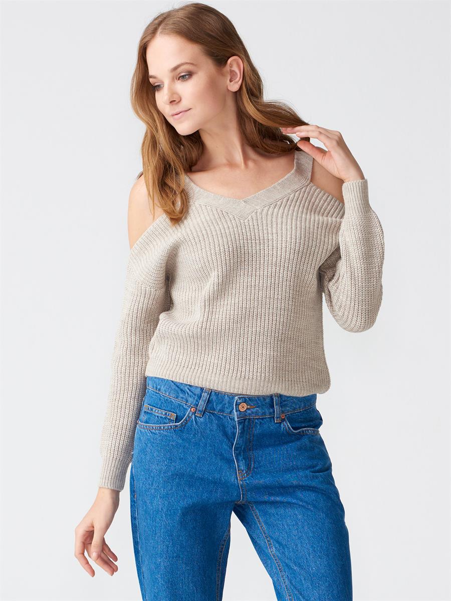 1993 V Yaka Omuzu Açık Kazak Bej