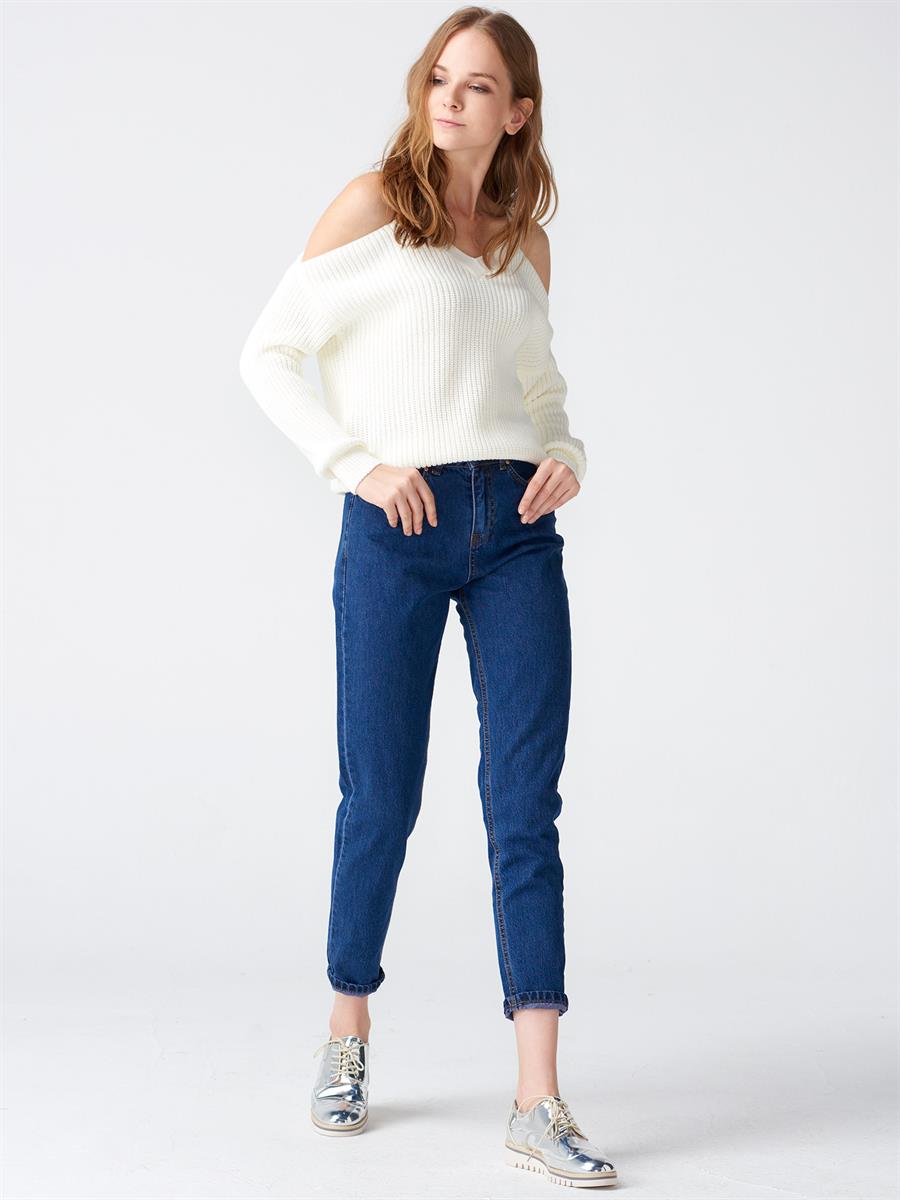 1993 V Yaka Omuzu Açık Kazak Ekru