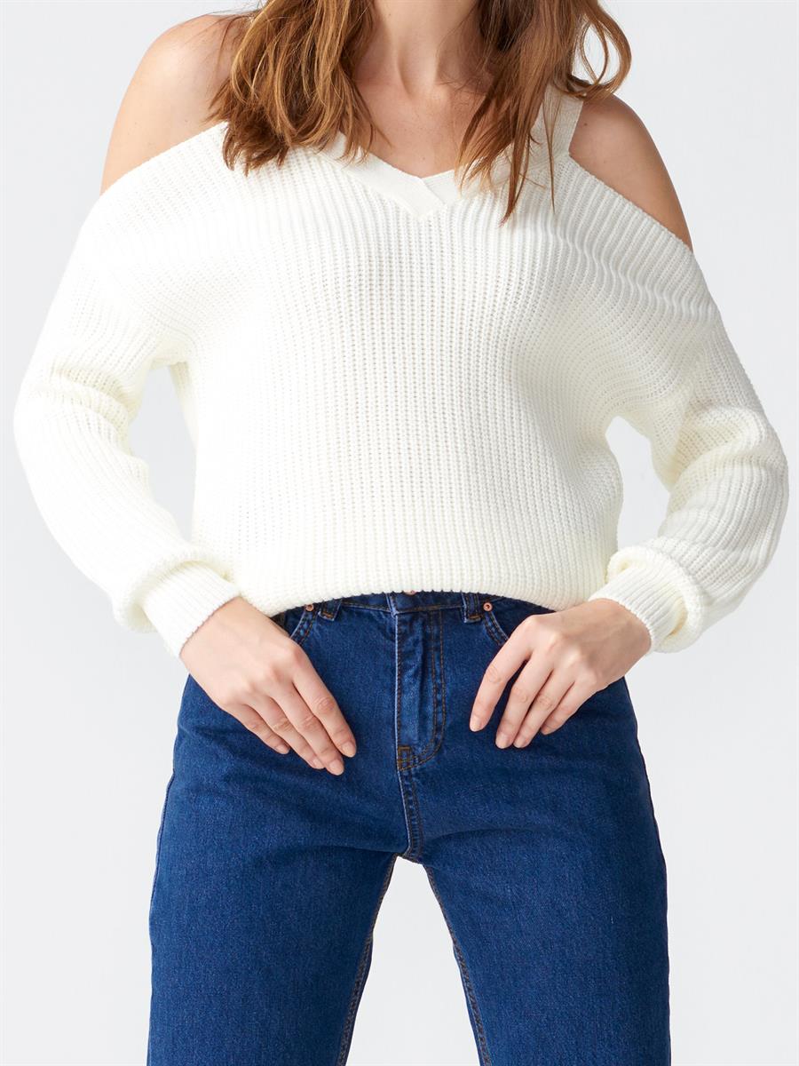 1993 V Yaka Omuzu Açık Kazak Ekru